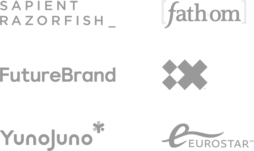 Logos for SapientRazorfish – FutureBrand – YunoJuno – IBM iX – Fathom London – Eurostar