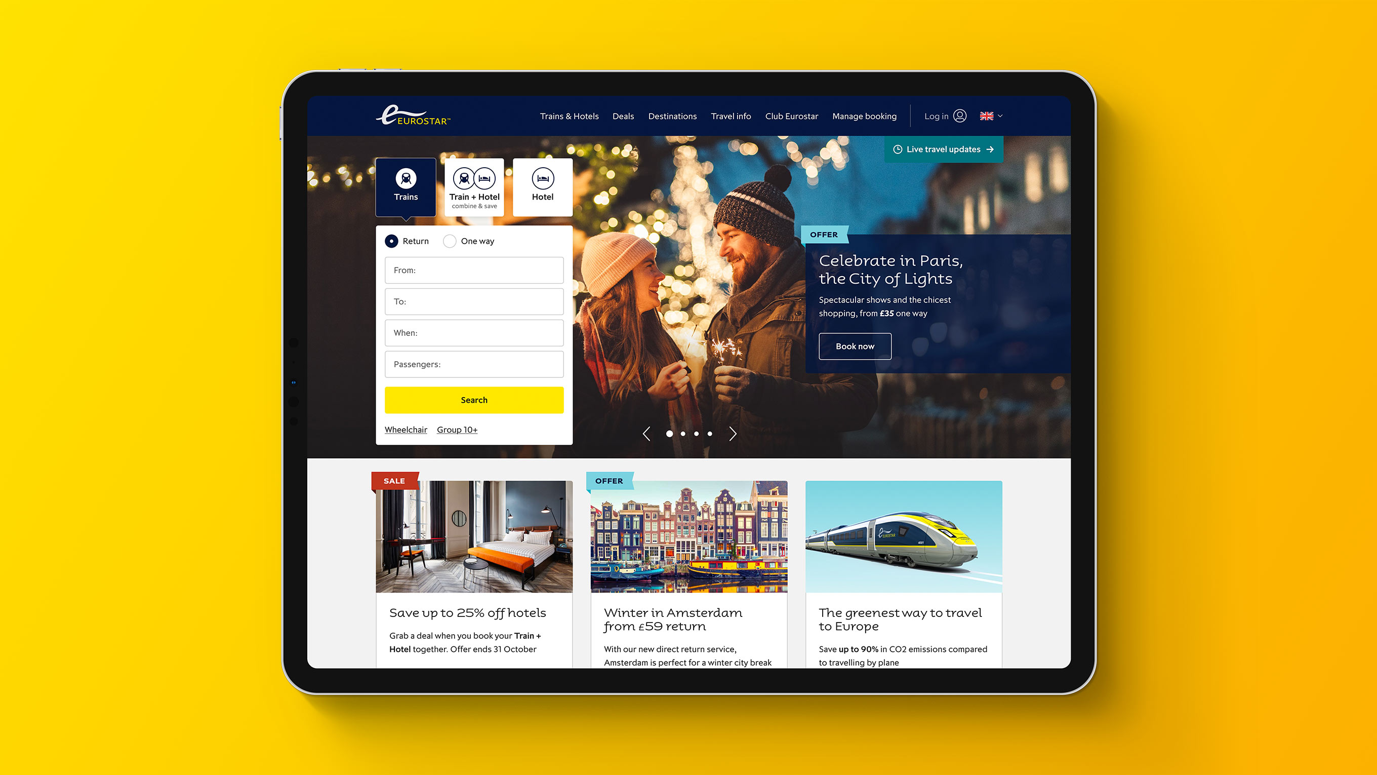 Eurostar homepage in a tablet