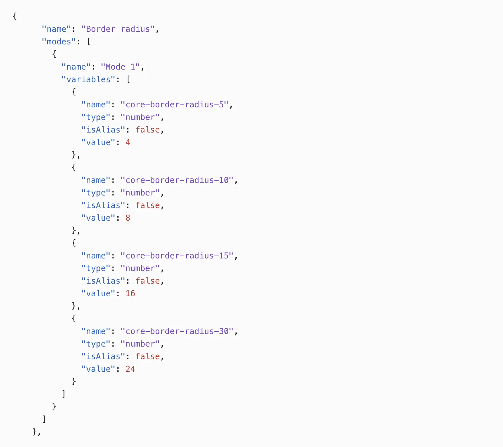Border radius design tokens shown as JSON